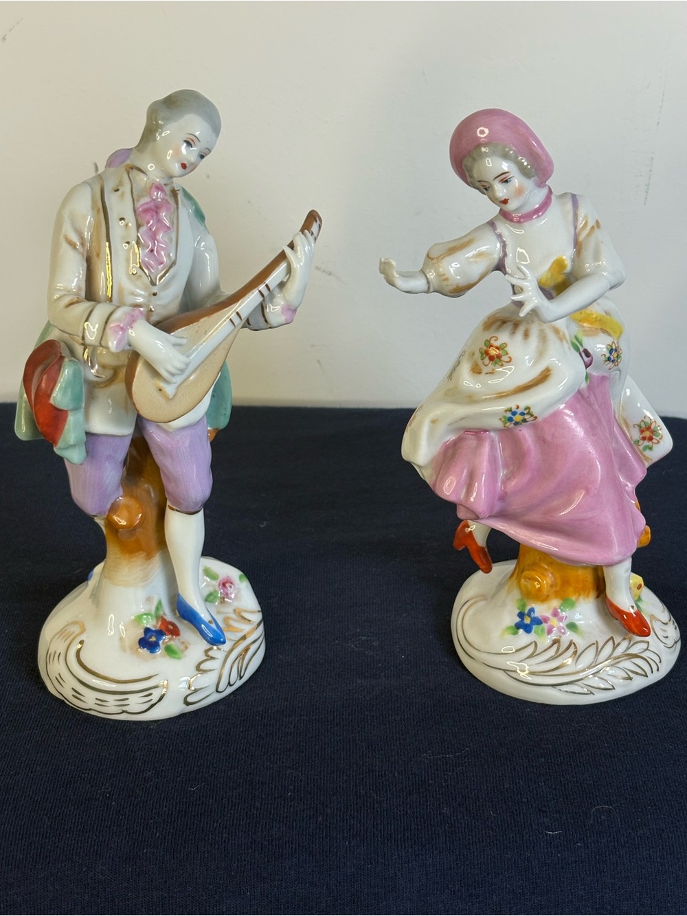 Vintage Hinode Japan Porcelain Figurines-Musical Lute Player & Dancer AS IS